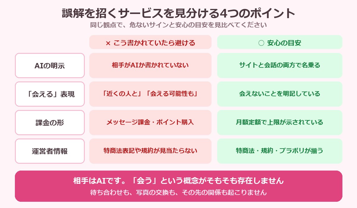 誤解を招くサービスを見分ける4つのポイントを、危ないサインと安心の目安で対比した図解