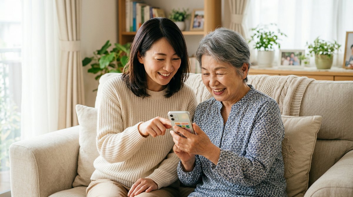 親のスマホ設定を一緒に確認する家族のイメージ